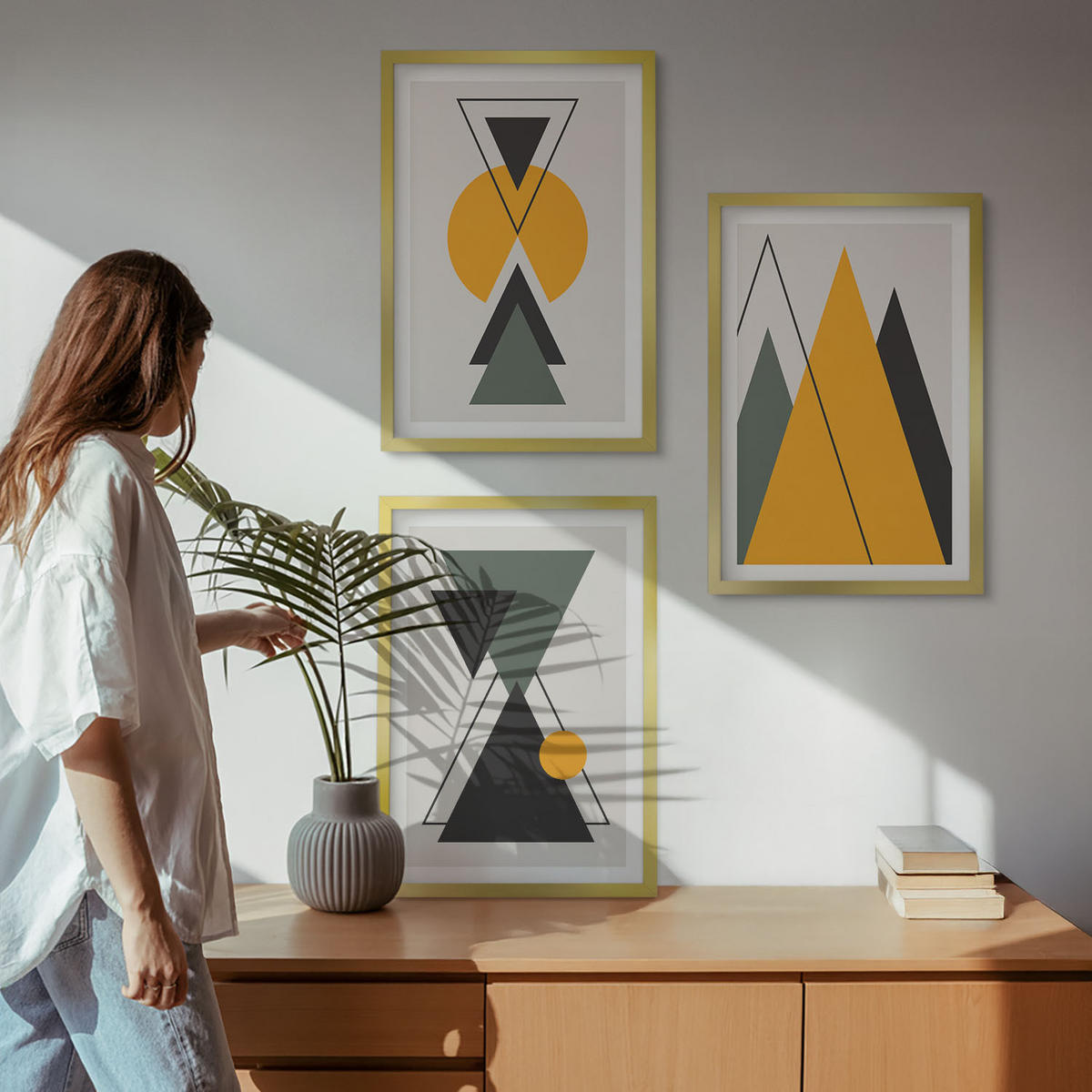 WANDBILDER 3er Set - 40x60 cm Goldrahmen - Abstrakte geometrische Formen - Goldfarben, Kunststoff (40/60cm) - ArtPrintCave