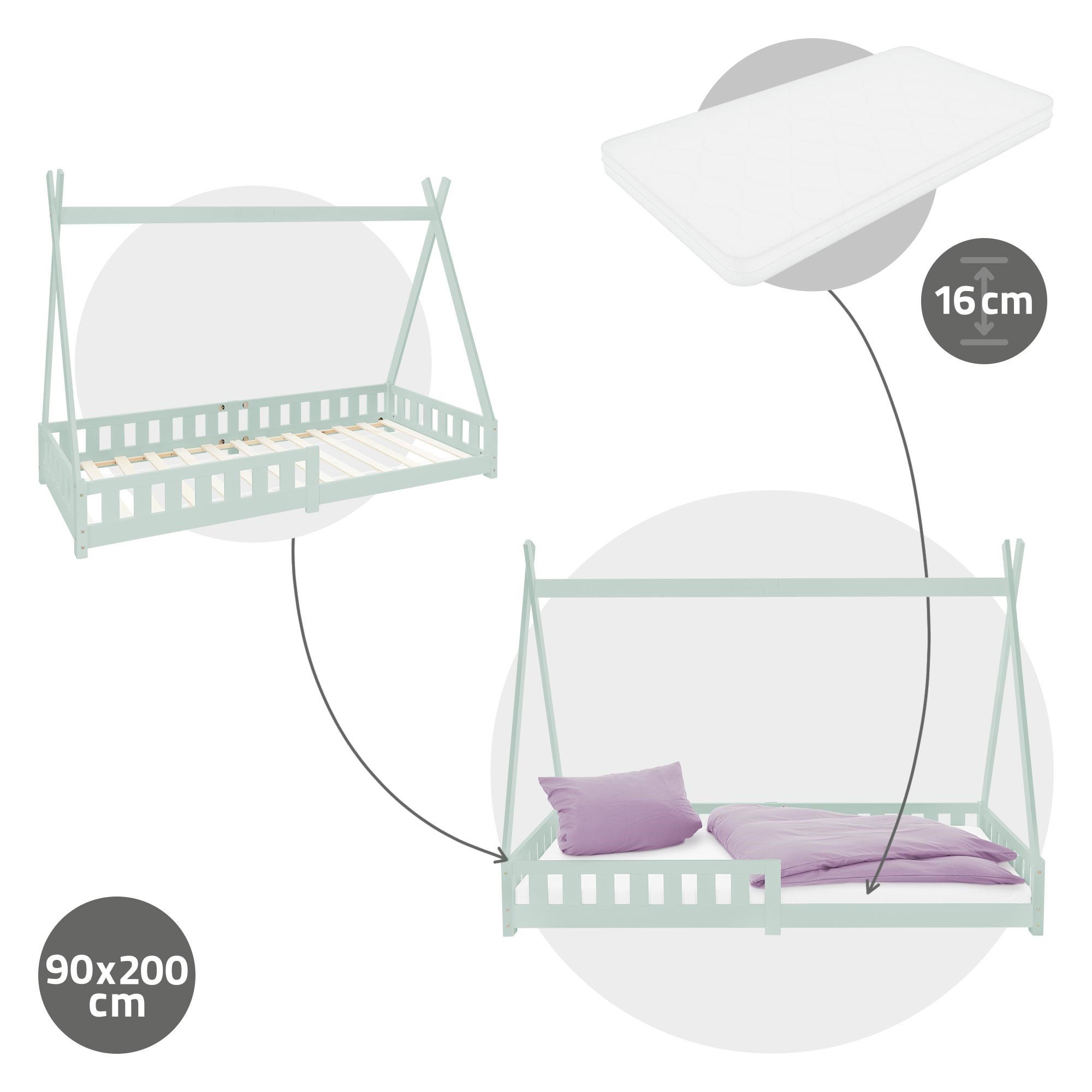 KINDERBETT Tipi mit Matratze 90x200 cm Mint - Mintgrün, Holz (90/200cm) - ML-DESIGN