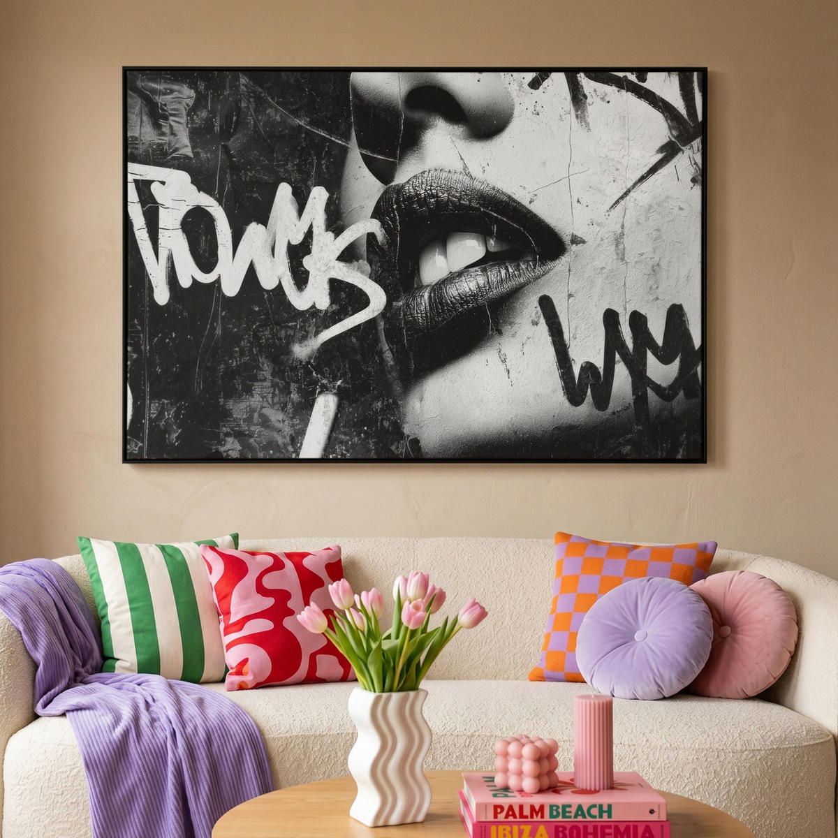 LEINWAND Bilder mit Rahmen - Gesicht - Mund - Graffiti - Schwarz - 140x90 - Schwarz, Textil (140/90cm) - MuchoWow