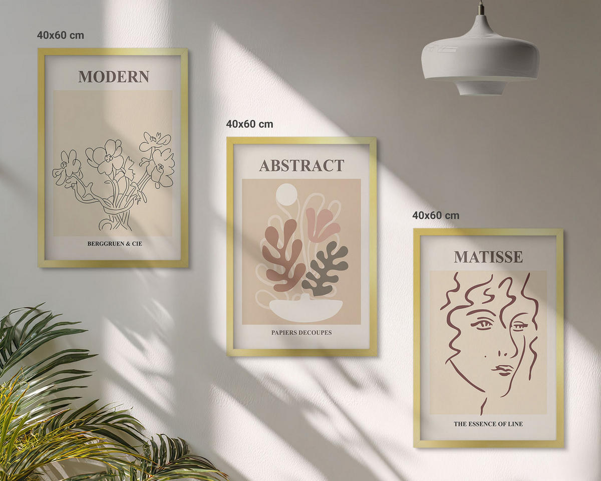 WANDBILDER 3er Set - 40x60 cm Goldrahmen - Moderne Pflanzenlinien - Goldfarben, Kunststoff (40/60cm) - ArtPrintCave