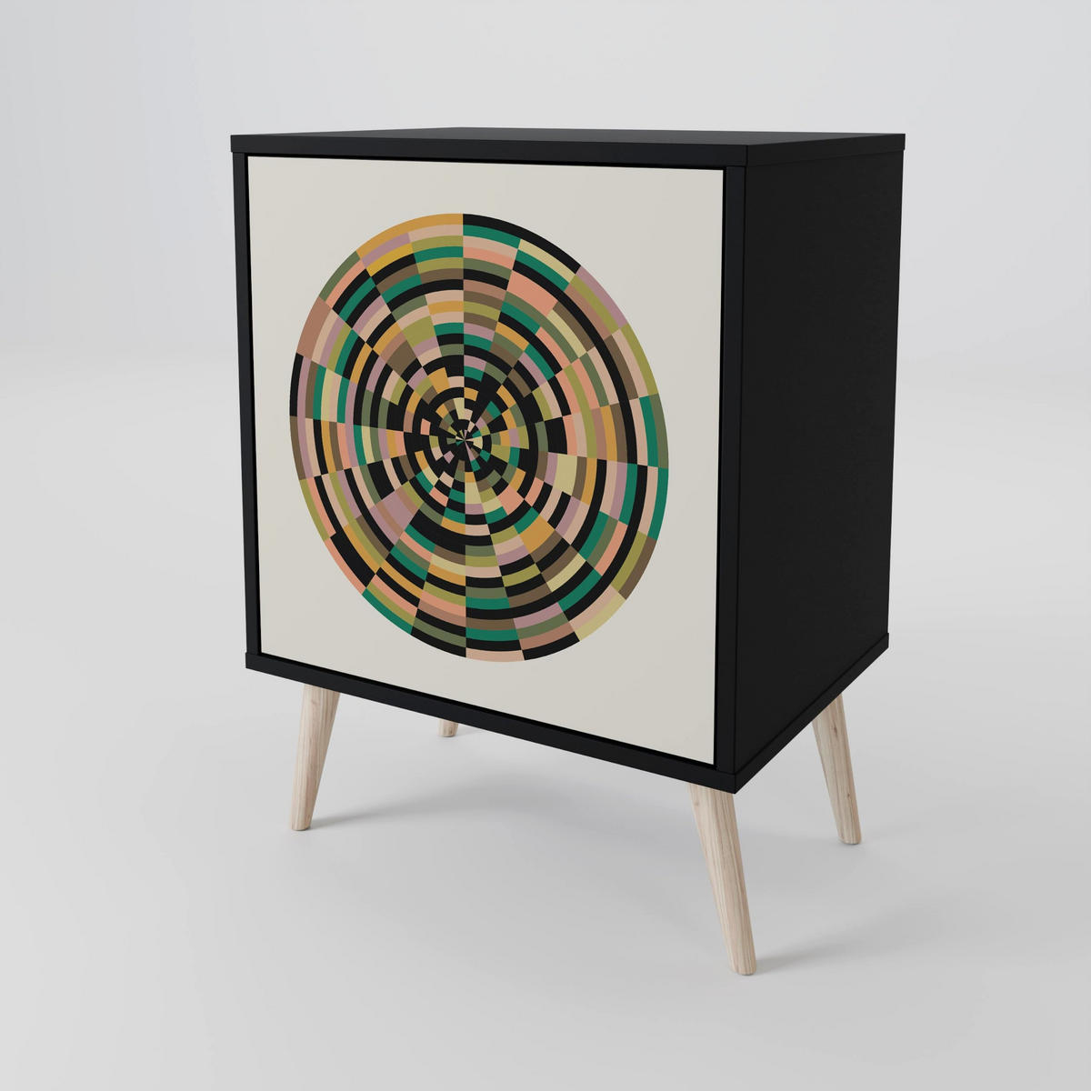 SIDEBOARD GREEN CIRCLES, Schwarz, 57,5x42x70,5 cm, Schwarze Metall-Sternfüße - Multicolor/Schwarz, Holzwerkstoff/Metall (57.5/70.5/42cm) - SpaceRebels