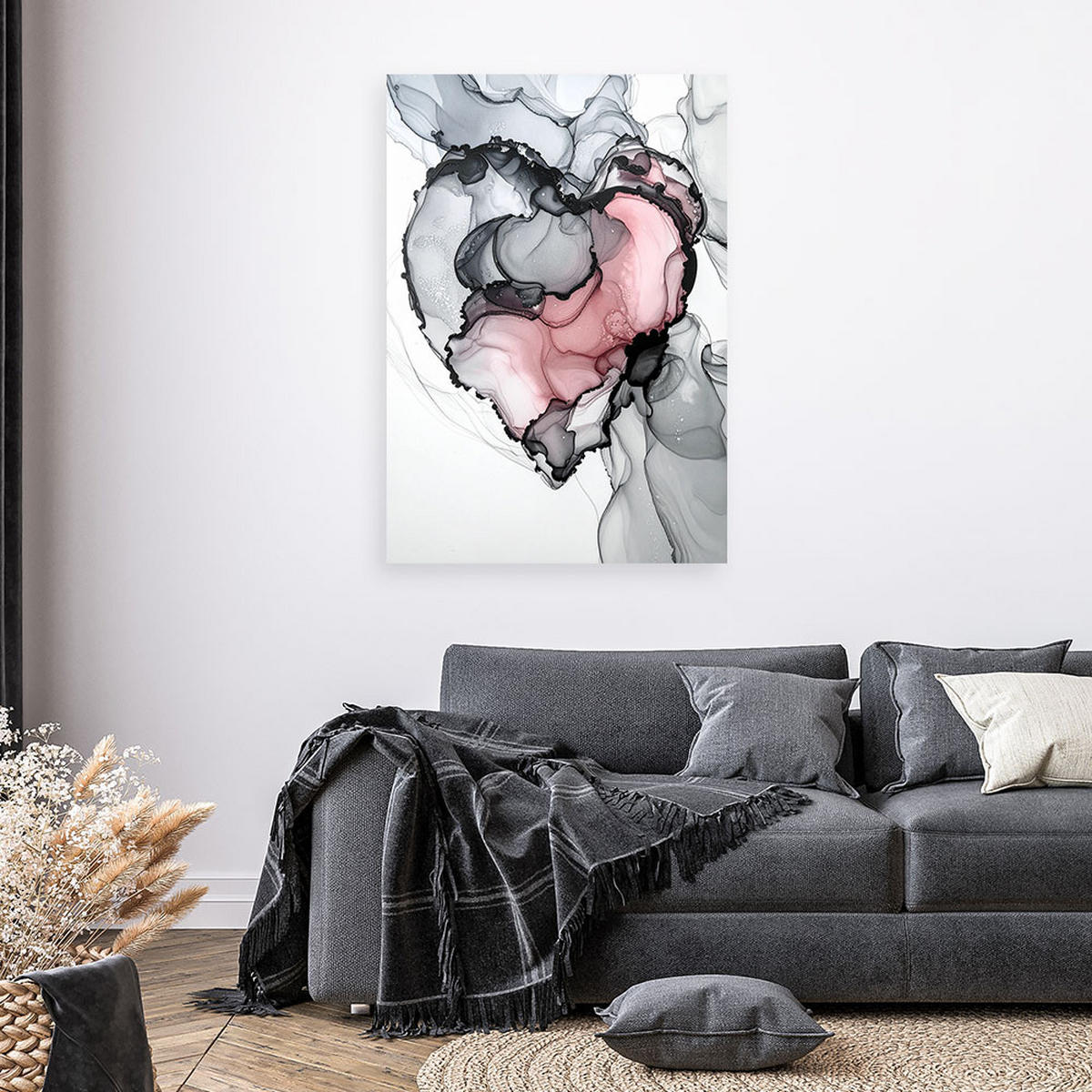 LEINWANDBILD Abstraktion mit rotem Herzen 70x100cm - Grau, Textil (70/100cm) - Feeby