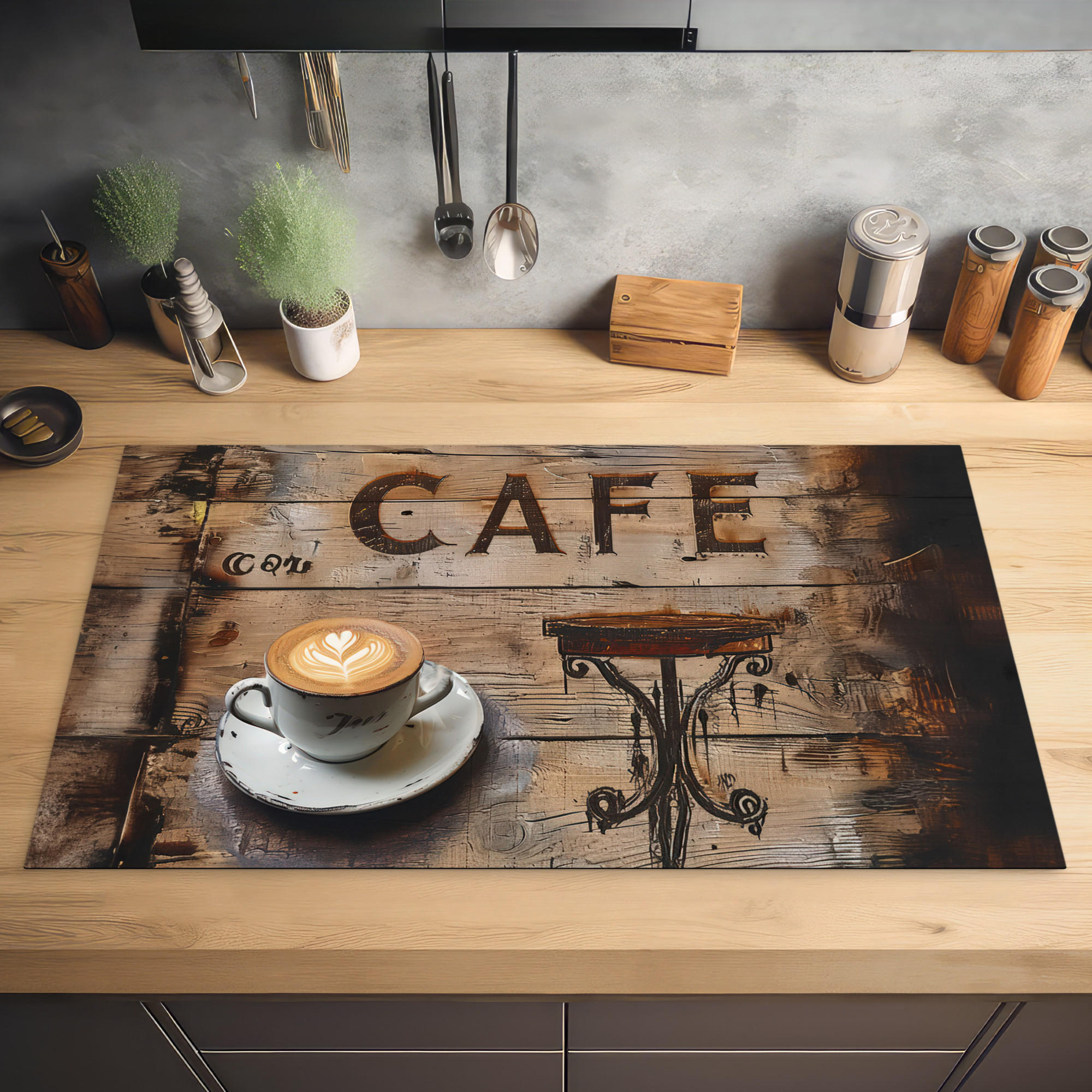 HERDABDECKPLATTE Cafe - Holz - Kaffee - Regale 89x51 cm - Schwarz, Kunststoff (89.6/0.2/51.6cm) - MuchoWow