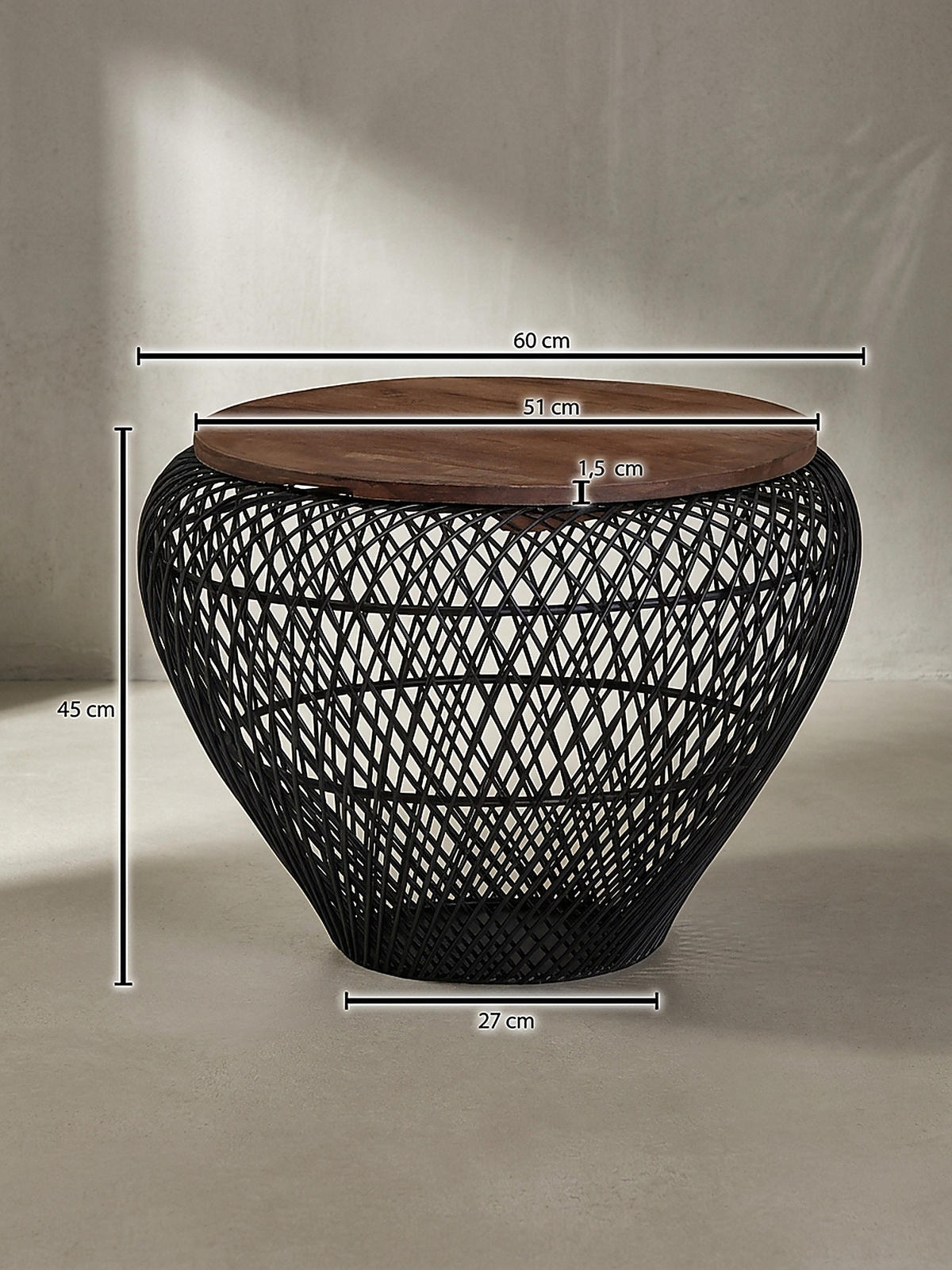 COUCHTISCH Rund mit Stauraum, Holz-Metallgestell, Mango-Massivholz, Schwarz 60x60x45 cm - Schwarz, Holz/Metall (60/60/45cm) - KADIMA DESIGN