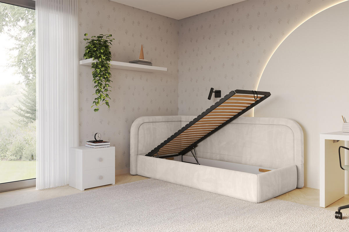 EINZELLBETT Jugendbett mit Bettkasten, Rechts - JOVY 90x200 Beige - Sandfarben, Holzwerkstoff/Textil (90/200cm) - ALTDECOR