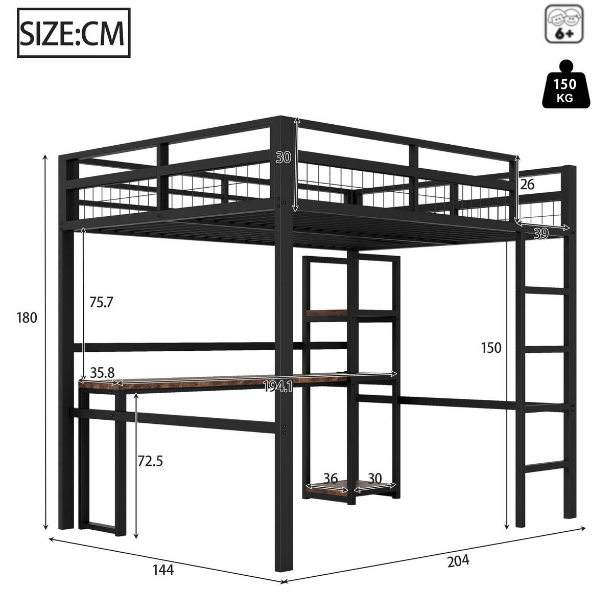 HOCHBETT 140/200 cm aus Metall mit Schreibtisch, Regalen und USB- und Type-C-Anschlüssen - Schwarz, Metall (140/200cm) - Flora Grace