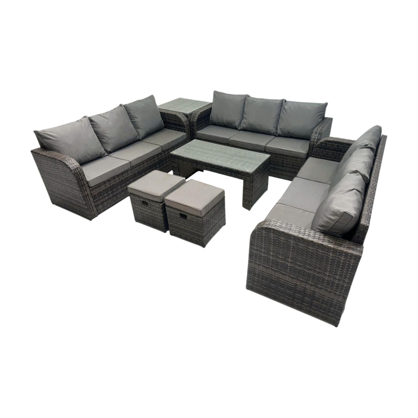GARTENSOFA SET mit rechteckigem COUCHTISCH Polyrattan 11-Sitzer Dunkelgrau - Dunkelgrau/Grau, Glas/Kunststoff - Fimous