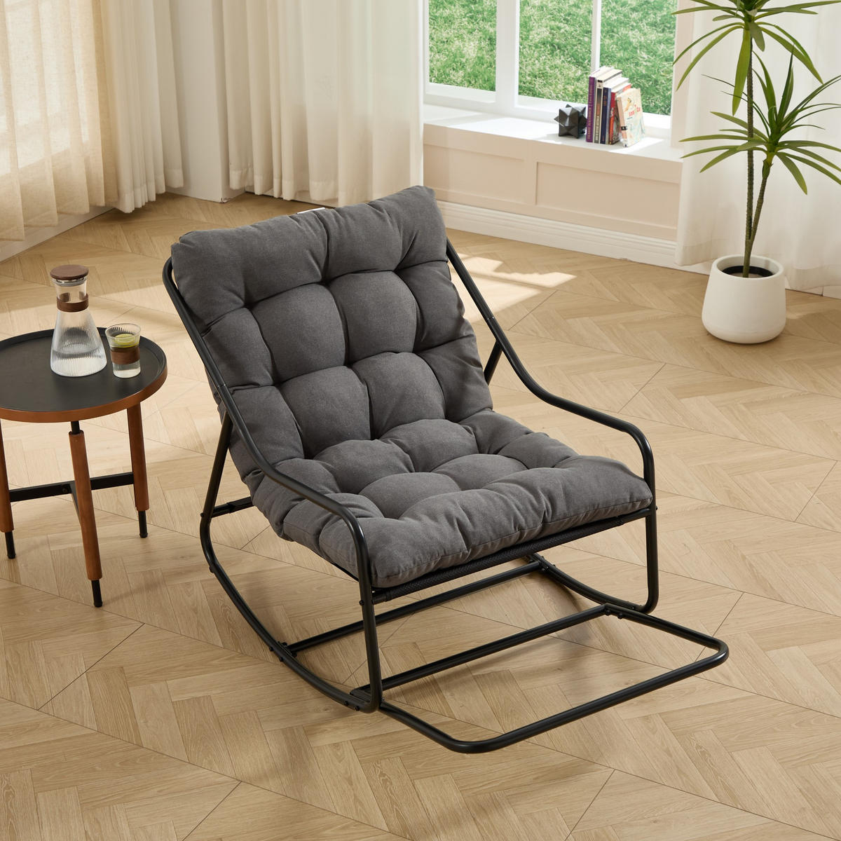 SCHAUKELSTUHL,SCHAUKELSESSEL mit Fußstütze, gepolstertem Kissen,Polyester,Grau - Grau, Kunststoff/Metall (75/82/116cm) - LVHOM