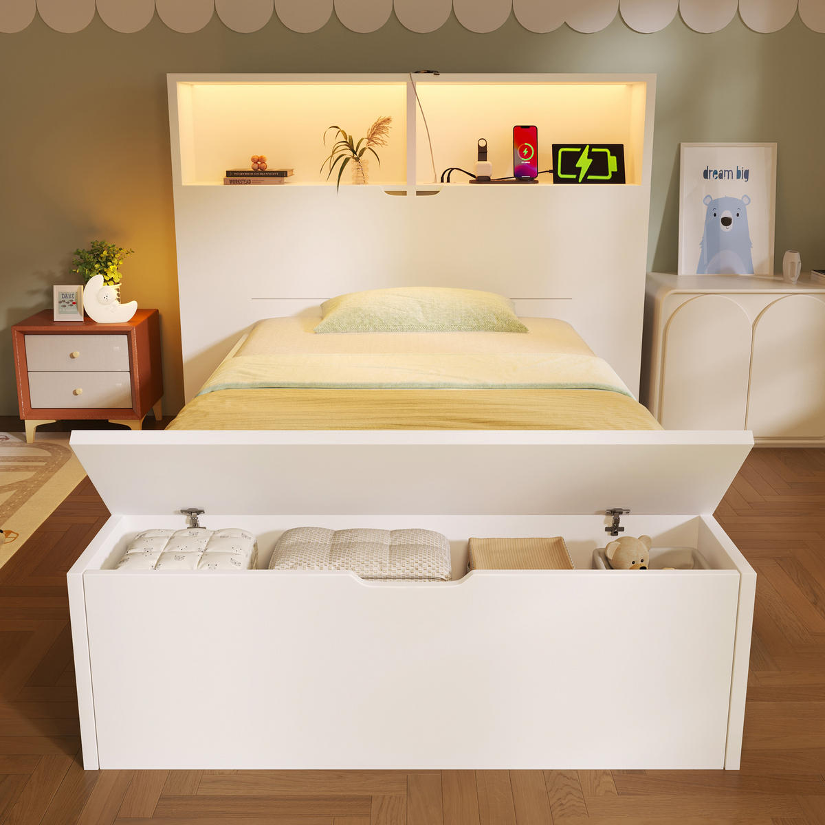 KINDERBETT Kindereinzelbetten 90/200 cm mit LED-Beleuchtung, USB-Anschlüssen, Schubladen, Regalen und Bettbank, Weiß - Weiß, Holzwerkstoff (90/200cm) - Redom