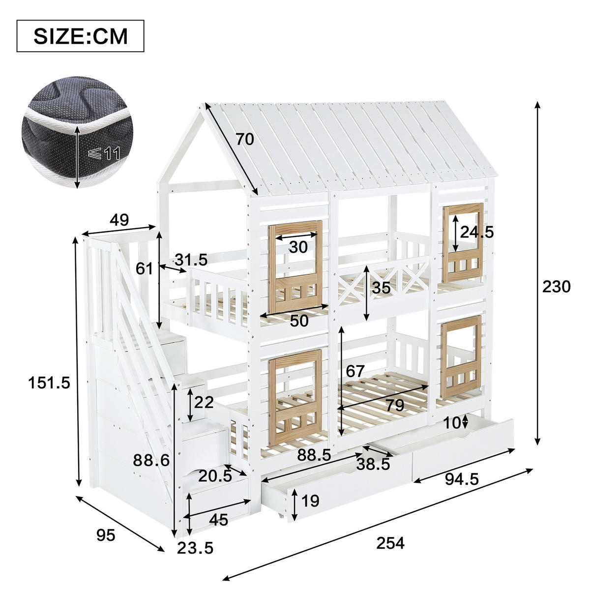 ETAGENBETT 90/200 cm weiß und natur aus Massivholz mit Treppe und Schubladen - Weiß, Holz (90/200cm) - OKWISH