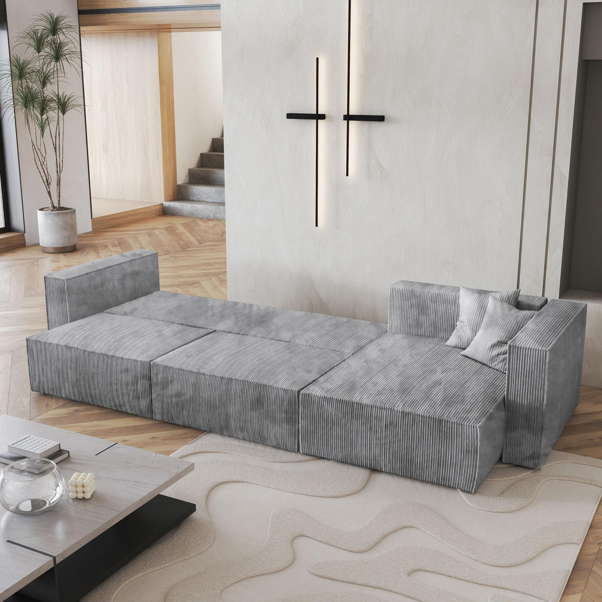 ECKSOFA TOLMO P Hellgrau Kordstoff mit Schlaffunktion - Hellgrau, Holz (347/148cm) - MASSENO