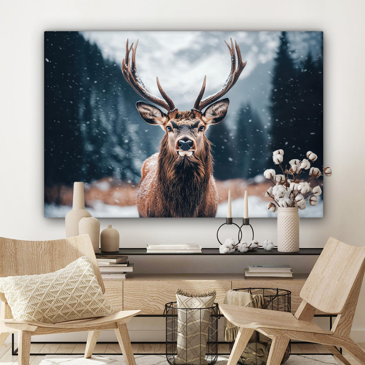 LEINWANDBILD Hirsche - Tiere - Landschaft - Winter - Schnee Groß 140x90 cm - Kastanienfarben, Textil (140/90cm) - MuchoWow