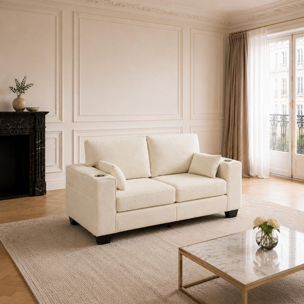 2-SITZER-SOFA 182 cm Chenille mit Getränkehaltern, DE-42913, Beige - Beige, Holz (182/96/79cm) - ComfortXL