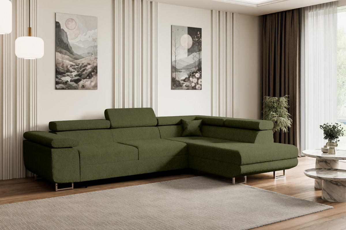 ECKSOFA mit Schlaffunktion und Bettkasten GUSA-L 272x202x107 cm Grün Bouclé - Silberfarben/Grün, Holzwerkstoff/Textil (272/202cm) - ALTDECOR