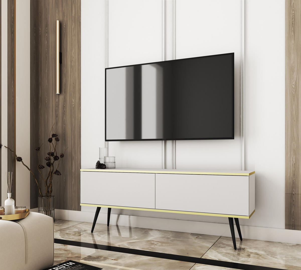 TV-LOWBOARD FORNO (Weiß, Goldene Details, 2 Türen, schwarze Metallfüße, 135 cm) - Schwarz/Weiß, Holz/Holzwerkstoff (135/53/32cm) - Ravio