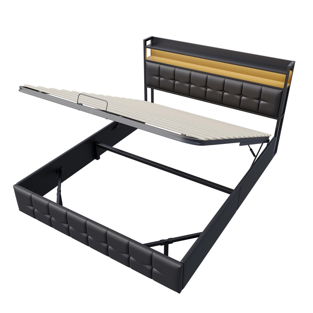 BETT mit Bettkasten 140x200 cm mit LED und USB, Polsterbett 140x200, Doppelbett 140x200 mit Stauraum, Lattenrost, Kopfteil, Schwarz PU - Schwarz, Textil/Metall (140/200cm) - GENKI LIVING