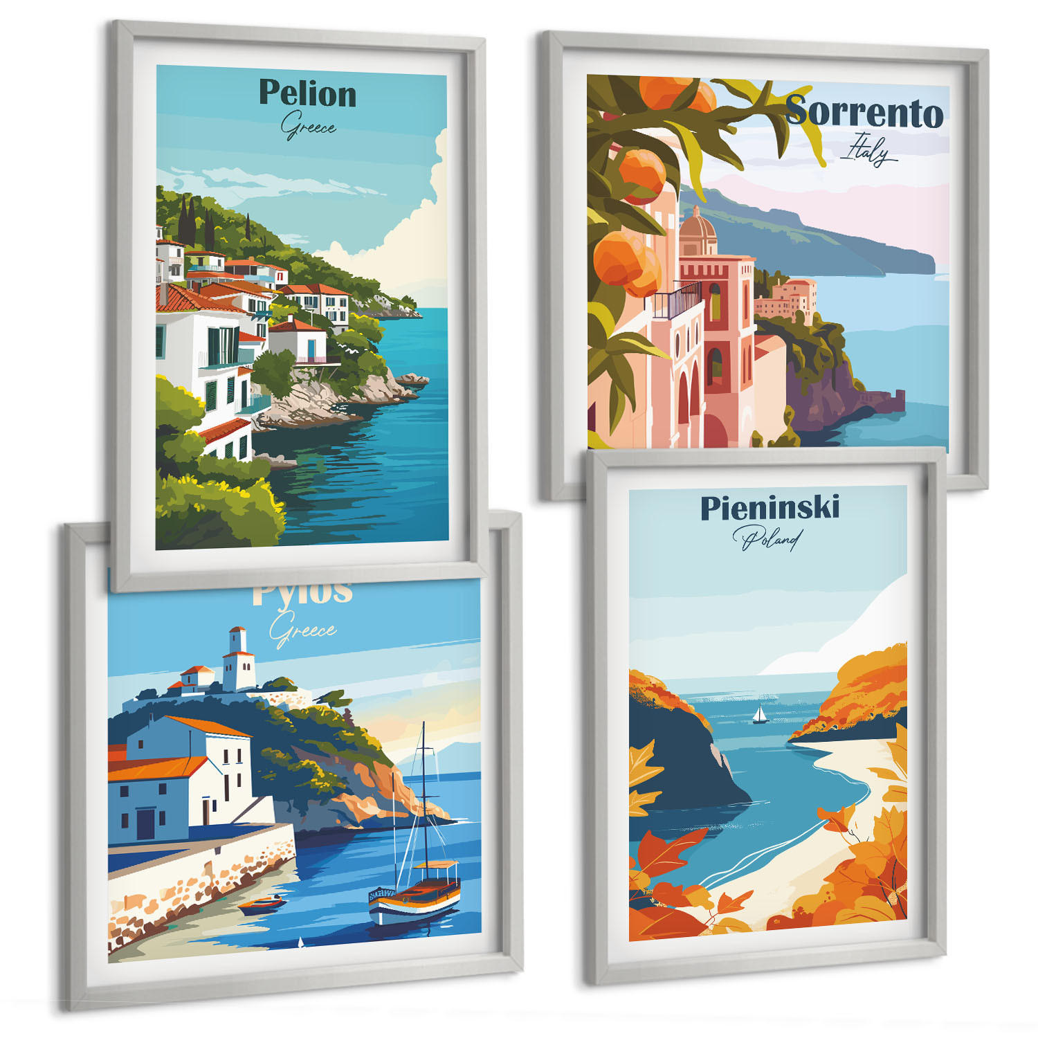 BILDER SET 4er Set - 50x50 cm & 40x60 cm Silberner Rahmen - Retro-Landschaften im malerischen Stil - Silberfarben, Kunststoff (50/50cm) - TULUP