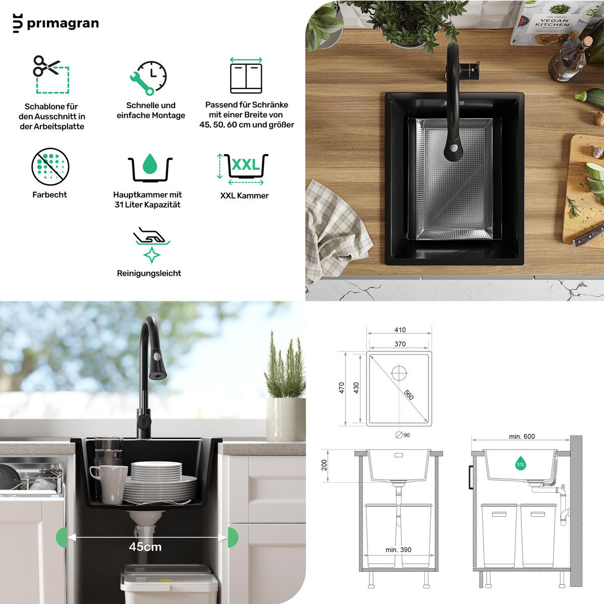GRANITSPÜLE London Slim, 2-er set Alles Weiß 41/47 cm 1 Becken + Küchenarmatur 32/20 cm + Ablauf-Set ab 45er Unterschrank - Weiß, Kunststoff (41/20/47cm) - Primagran