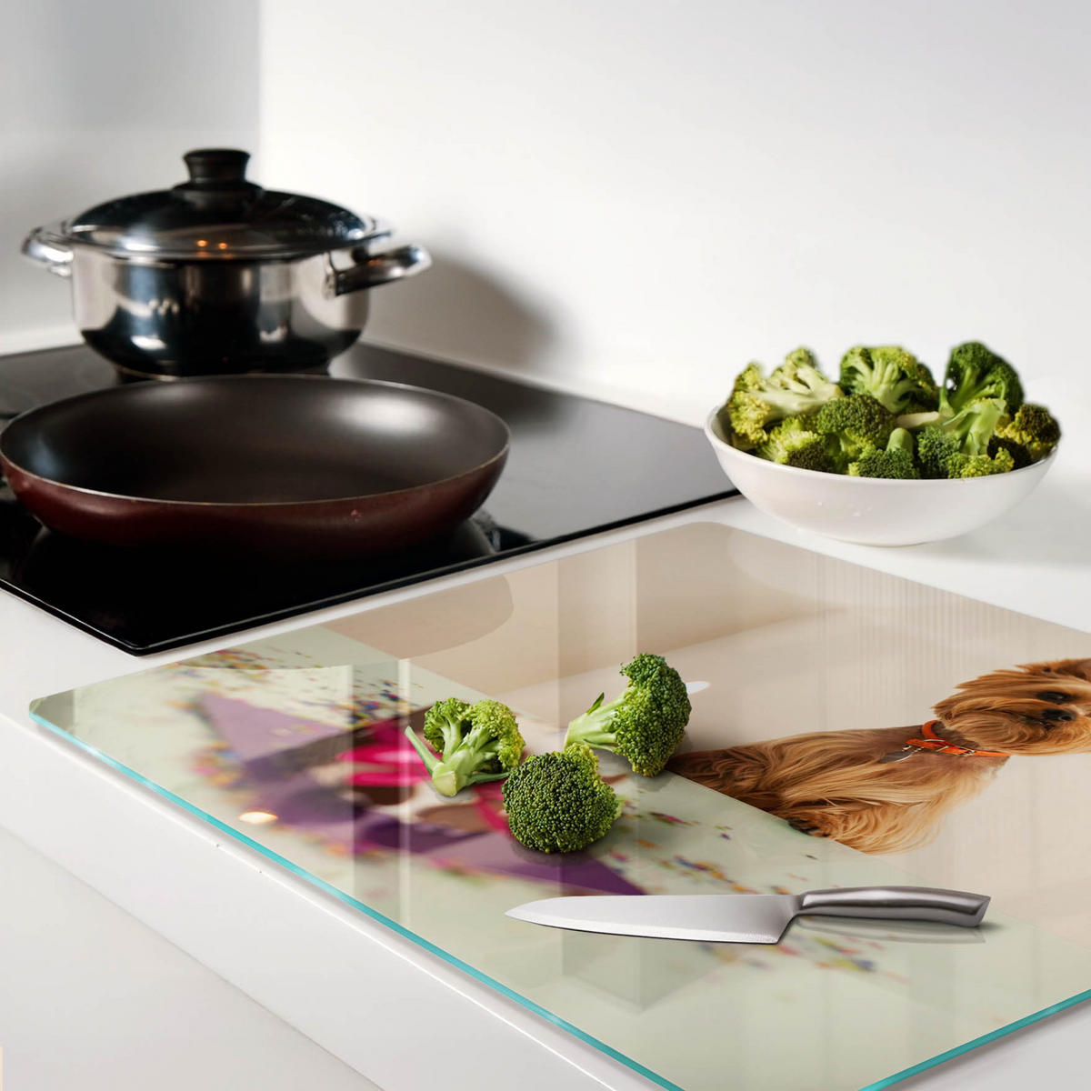 GLASPLATTE 60x52 cm Hund mit Kuchen - Braun/Dunkelblau, Glas (60/52cm) - TULUP