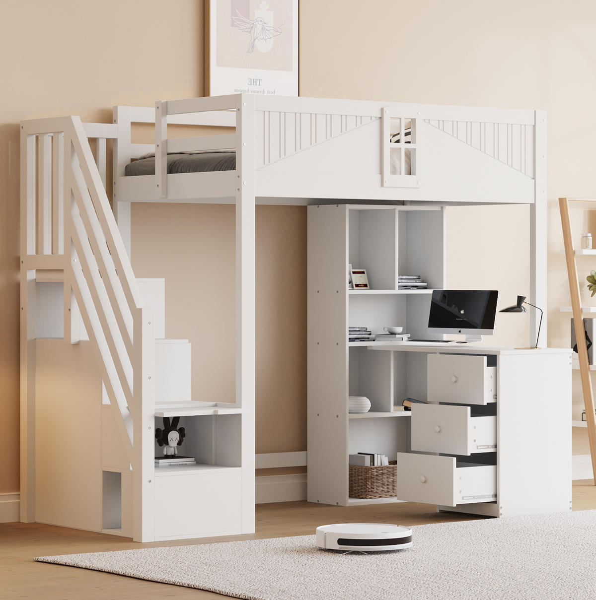 HOCHBETT 90/200 cm aus Massivholz mit Schreibtisch, Weiß - Weiß, Holz (90/200cm) - OKMYHOME