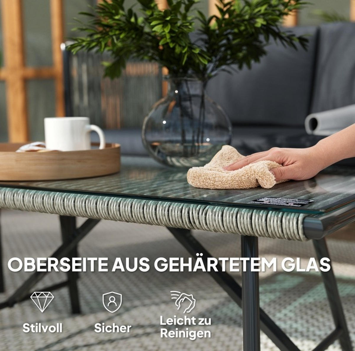 GARTENSET aus Rattan 116x65x68 cm Grau mit 2 Sesseln, 2-Sitzer-Sofa und Tisch mit Glasplatte - Grau, Naturmaterialien - Modfu