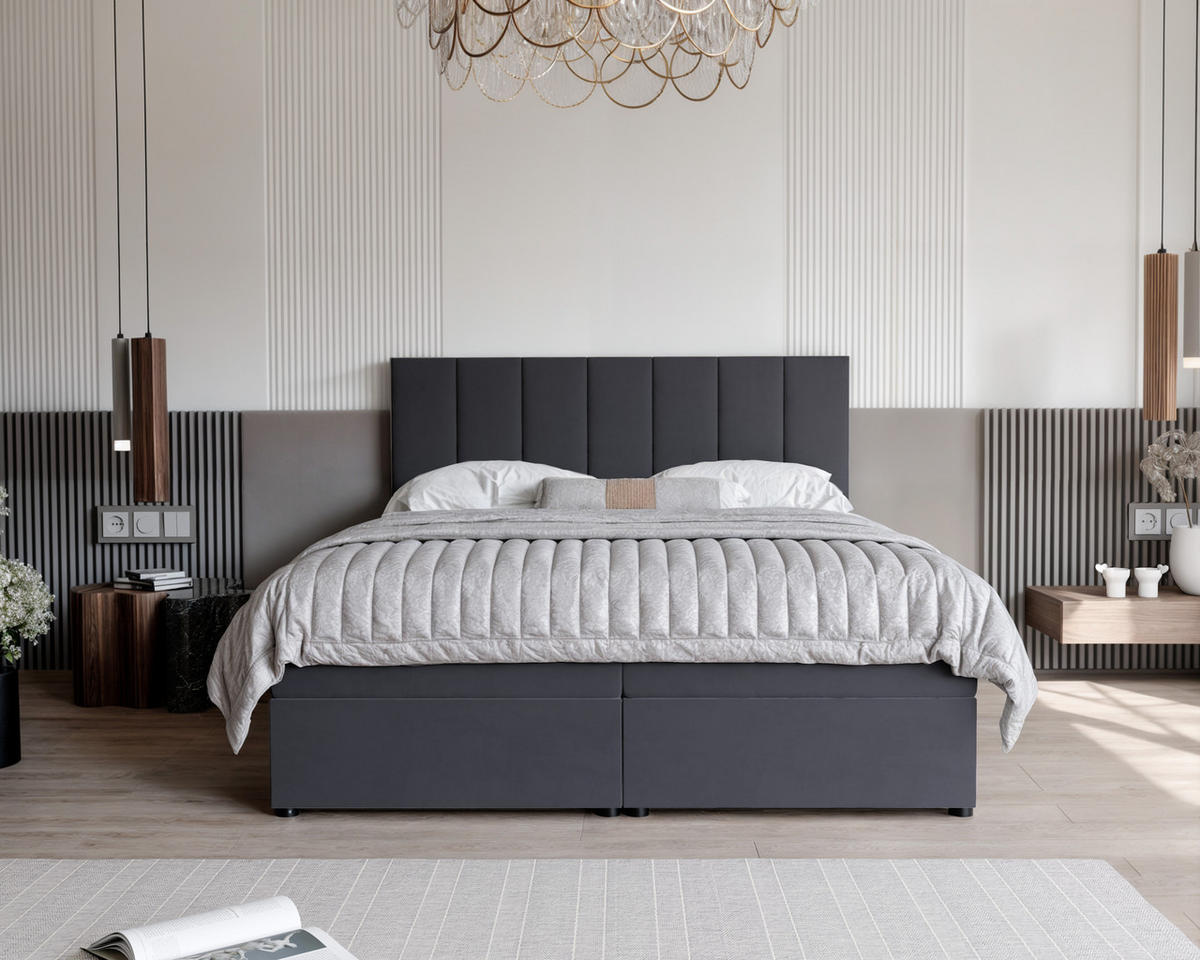 BOXBETT ZELTO 160/200 cm, mit Matratze und Topper, Dunkelgrau - Dunkelgrau, Holzwerkstoff/Textil (160/200cm) - Idohome