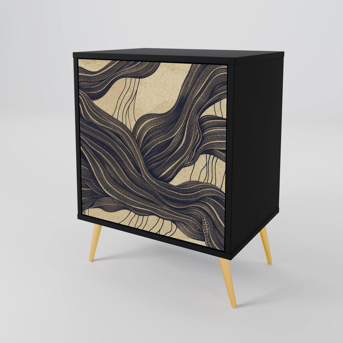 SIDEBOARD UNIFIED FRAGMENTS, Schwarz, 57,5x42x72,5 cm, Schwarze Metallfüße - Multicolor/Schwarz, Holzwerkstoff/Metall (57.5/72.5/42cm) - SpaceRebels