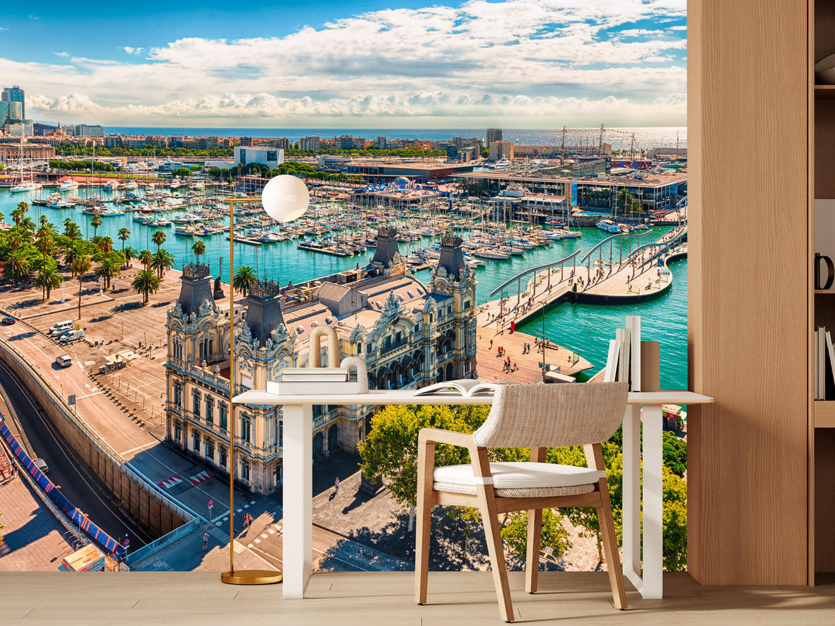 FOTOTAPETE für Wohnzimmer Barcelona Hafen Boote Denkmäler 350x256 - Türkis/Beige, Papier (350/256cm) - Muralo