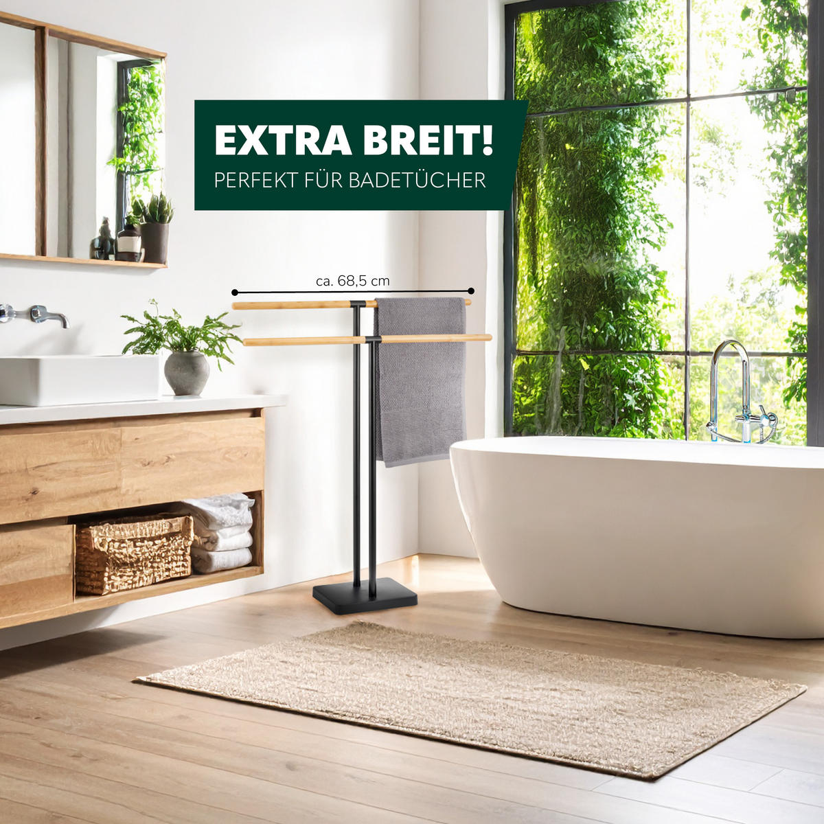 STAND-HANDTUCHHALTER, Bambus/Metall schwarz - Schwarz, Metall (68.5/79/18cm) - eluno