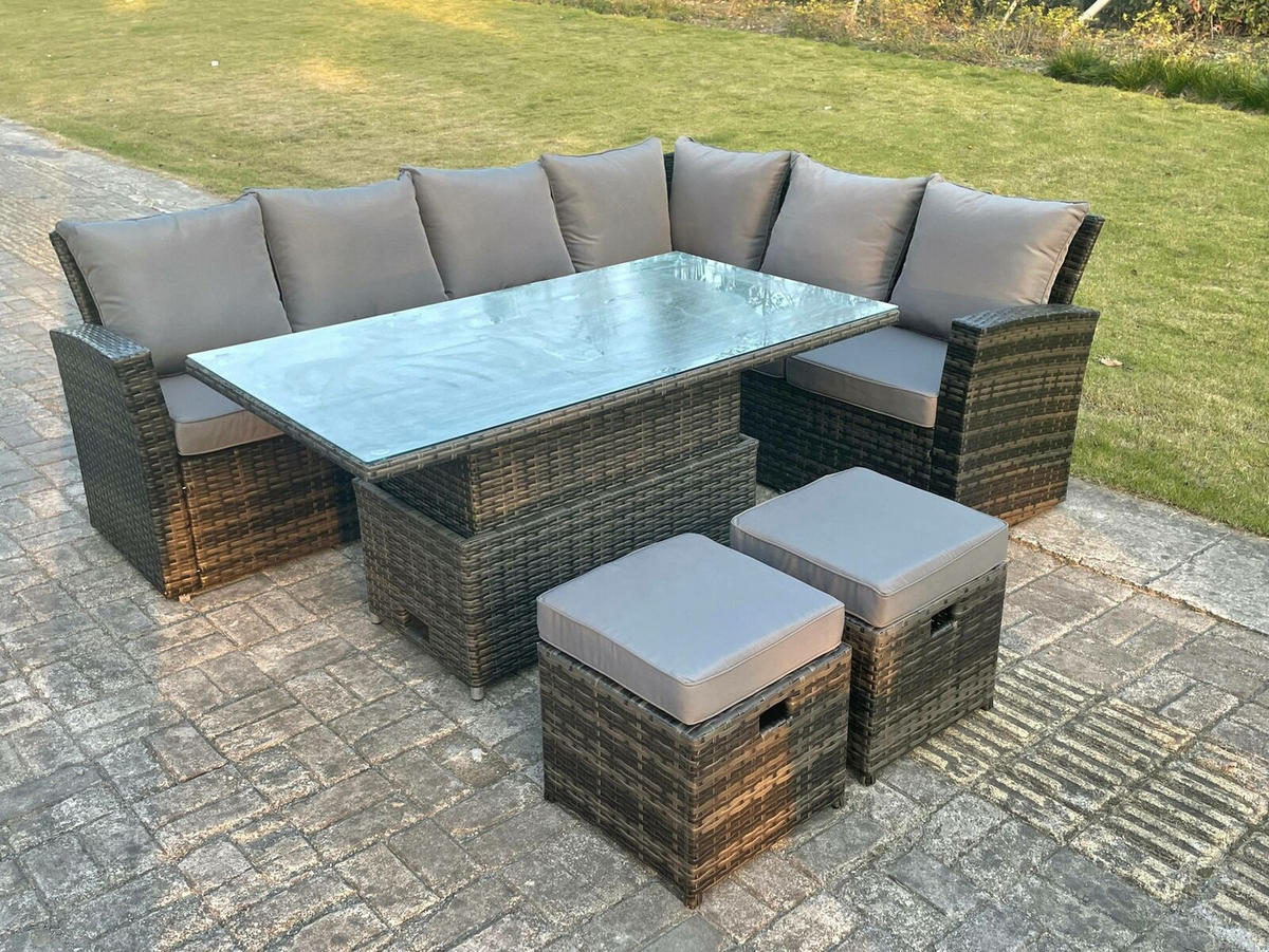 GARTENSET Polyrattan 8-Sitzer - Dunkelgrau/Grau, Glas/Kunststoff - Fimous