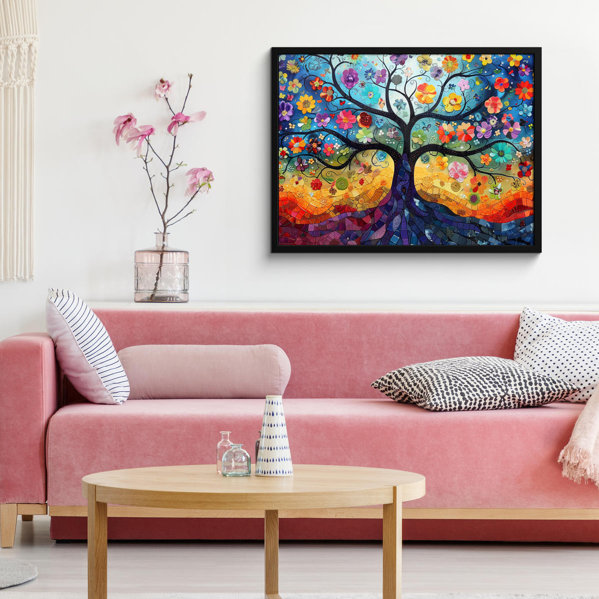 POSTER MIT RAHMEN Kunst - Baum des Lebens - Blumen - Hippie 80x60 cm - Dunkelblau, Papier (80/60cm) - MuchoWow
