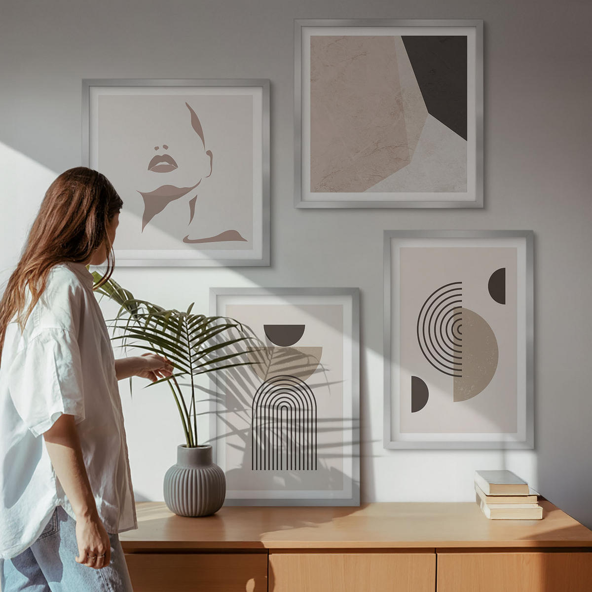 BILDER SET 4er Set - 50x50 cm & 40x60 cm Silberner Rahmen - Abstrakte Gesichtsformen - Silberfarben, Kunststoff (50/50cm) - TULUP