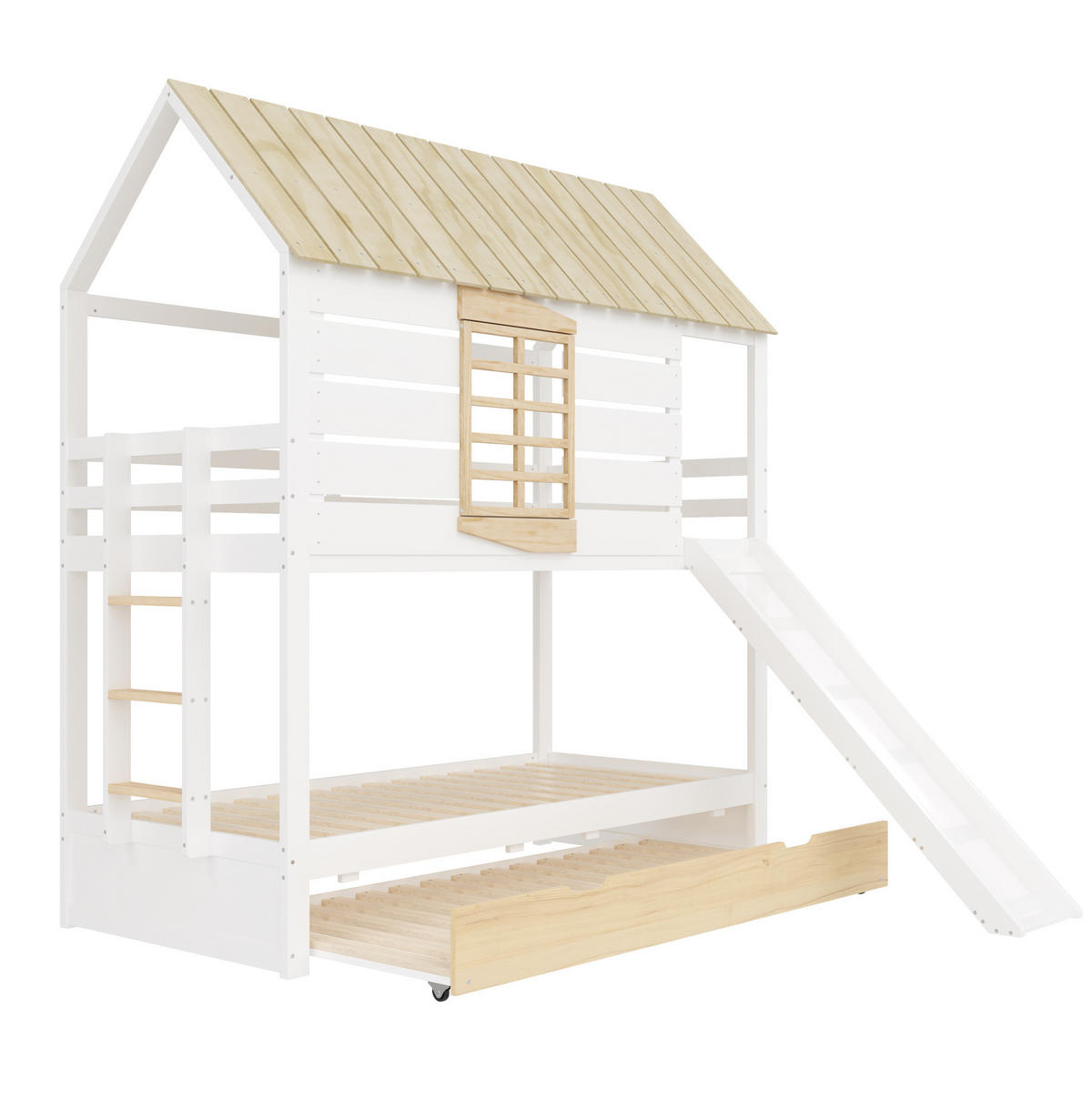 ETAGENBETT 90/200 cm Weiß aus Kiefer mit Rutsche und Ausziehbett - Weiß, Holzwerkstoff (90/200cm) - OKWISH