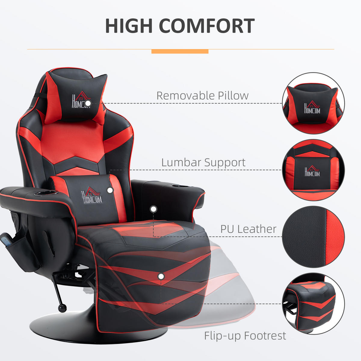 RELAXSESSEL mit Massagefunktion, Elektrisch Fernsehsessel mit Liegefunktion - Rot/Schwarz, Leder/Metall (82.5/111.5/78cm) - HOMCOM