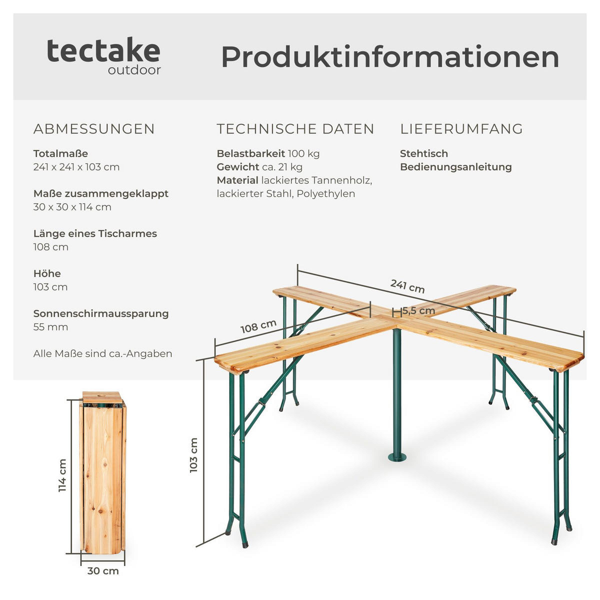 STEHTISCH Quattro,241 x 241 x 103 cm,braun - Braun, Holz - tectake