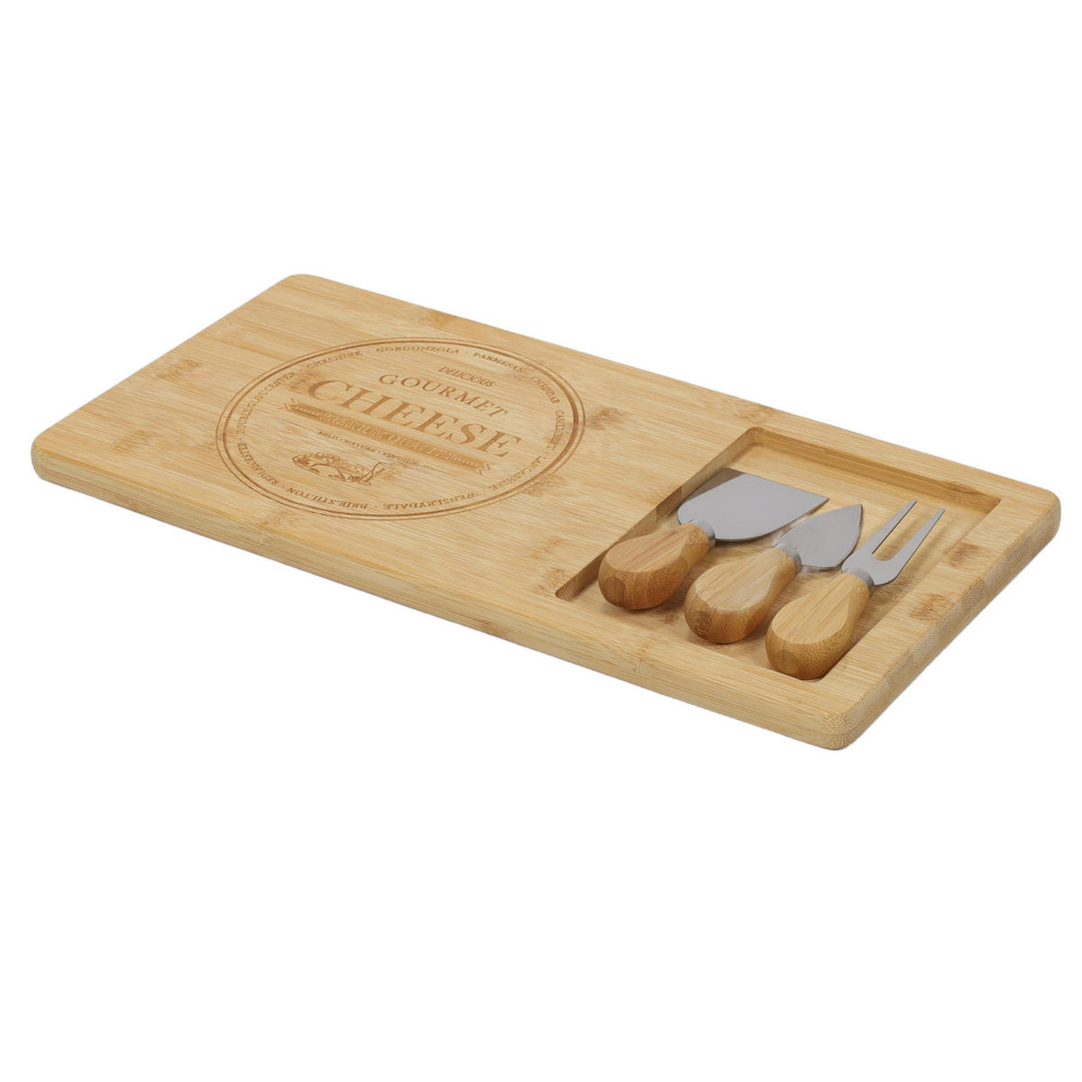 BAMBUSKÄSE- und Snackbrett+3 Messer 38/18/1 cm - Braun, Naturmaterialen (38cm) - Excellent Houseware