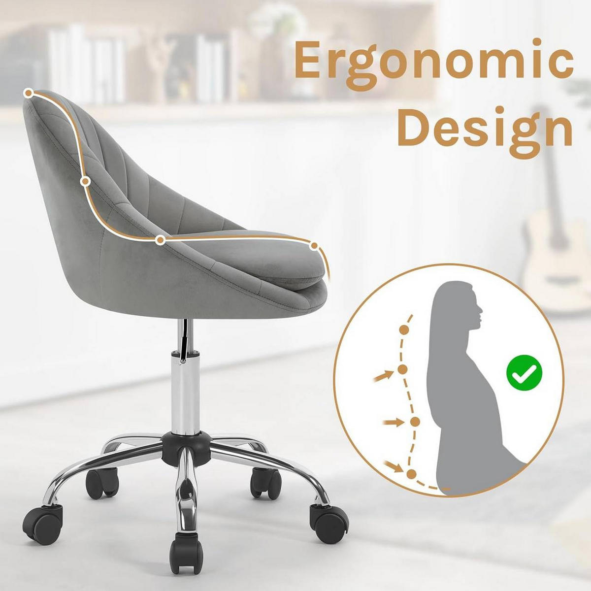 DREHSTUHL ergonomisch, Schminkstuhl, Samt, Hellgrau - Hellgrau/Schwarz, Textil/Metall (52/72/48cm) - Woltu