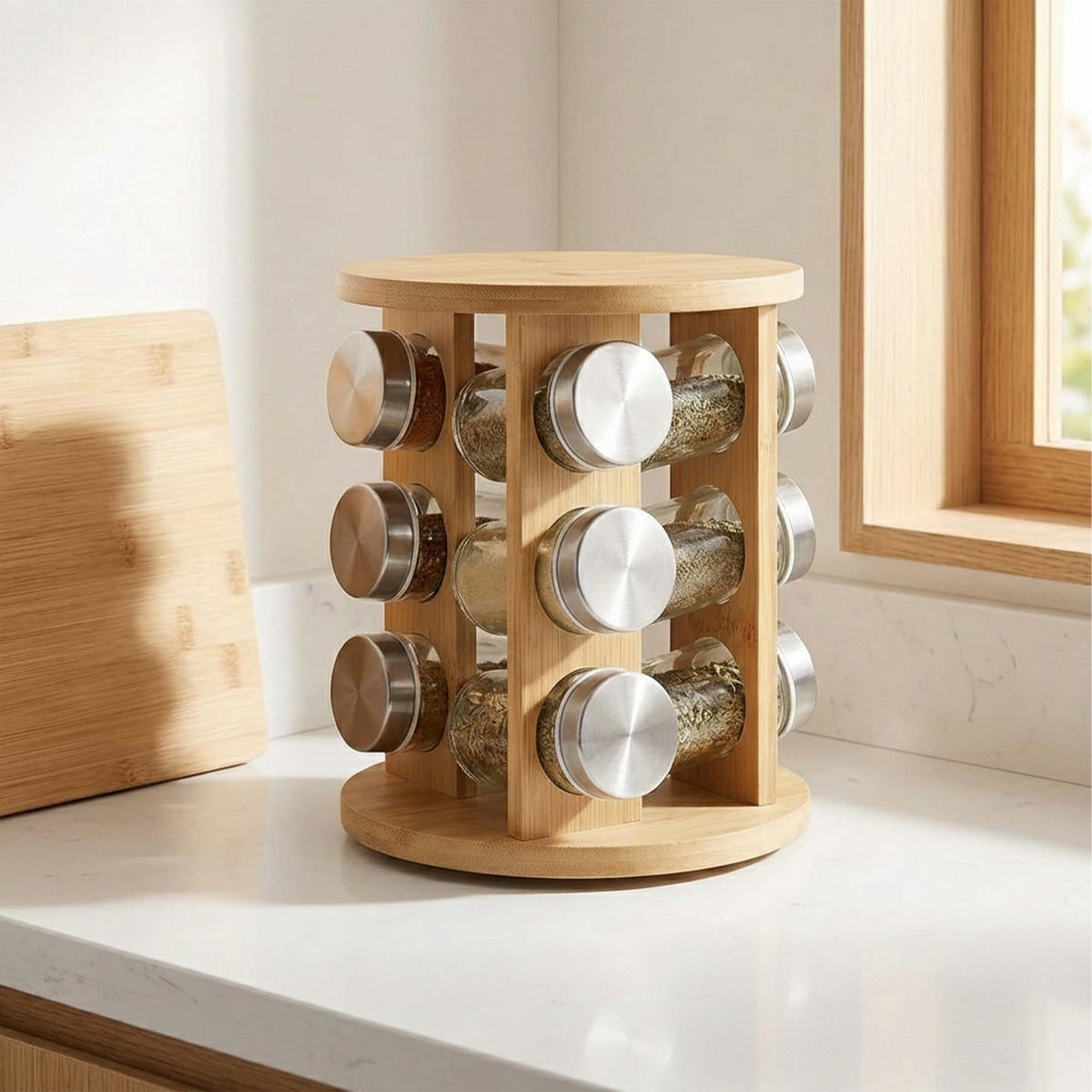 GEWÜRZKARUSSELL Natur 20er-Set Bambus drehbar - Multicolor, Glas/Holz (19/32/19cm) - Relaxdays