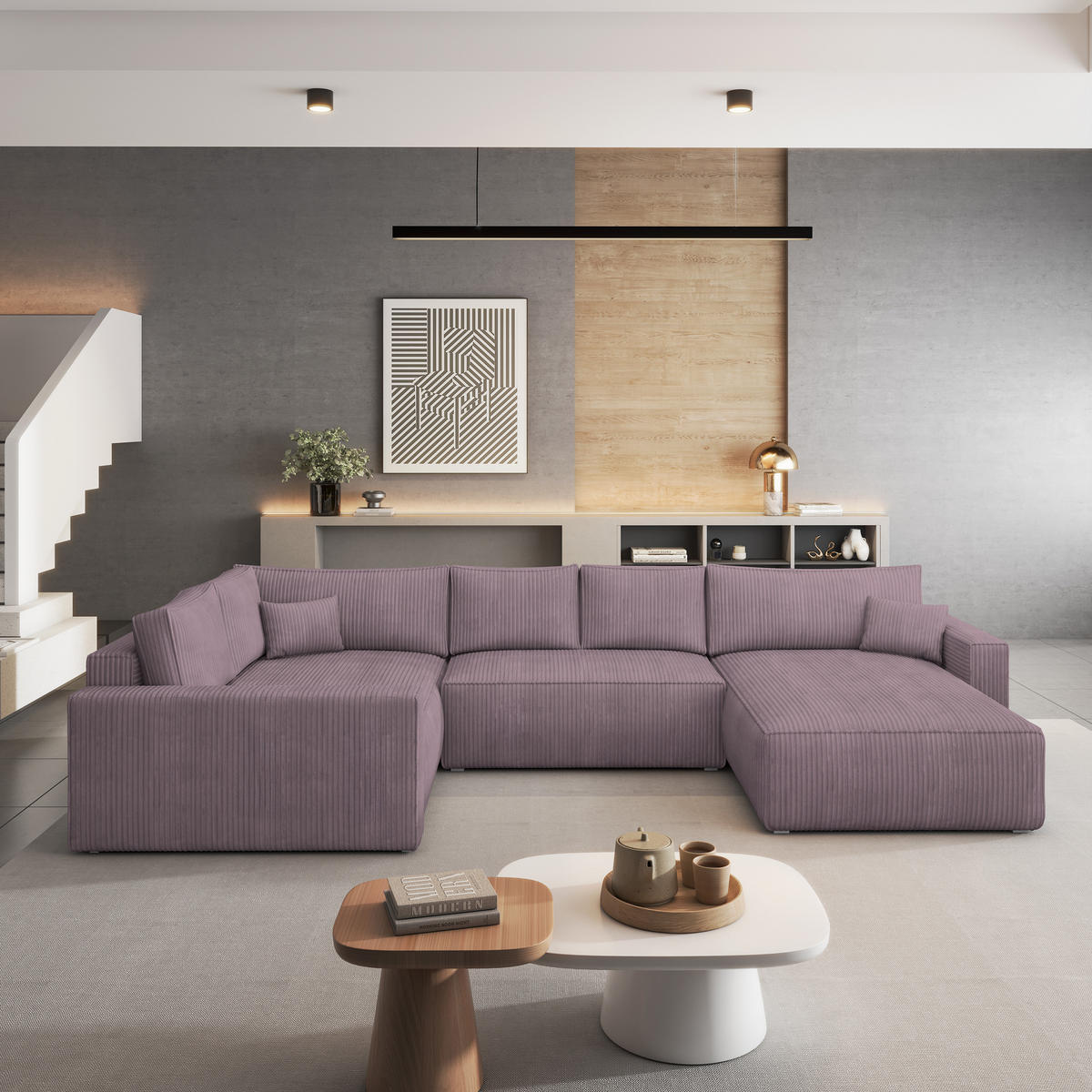 ROHOVÁ SEDAČKA VELAMI šeříková - šedá/šeříková, dřevo/textil (365/194cm) - MASSENO