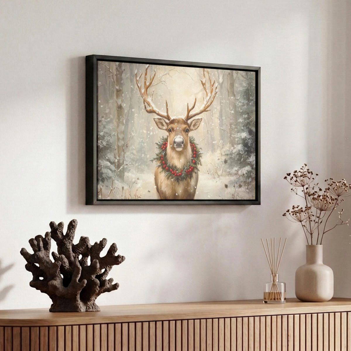 LEINWAND Bilder mit Rahmen - Weihnachten - Rentier - Winter - Kranz - 30x20 - Naturfarben, Textil (30/20cm) - MuchoWow