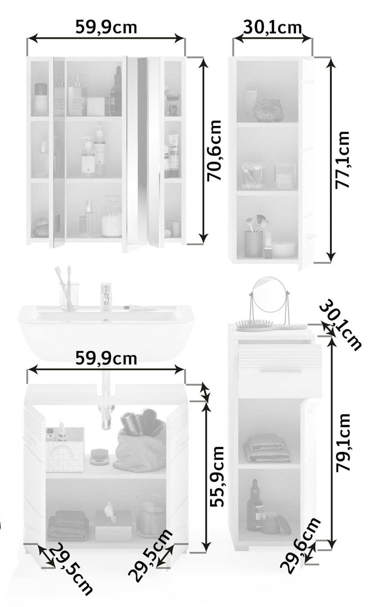 BADMÖBEL-SET, weiß Hochglanz 4-teilig, 105 x 182 cm, Badkombination mit Spiegelschrank - Weiß Hochglanz, Glas/Holzwerkstoff (105/182/34cm) - Inn.Furn