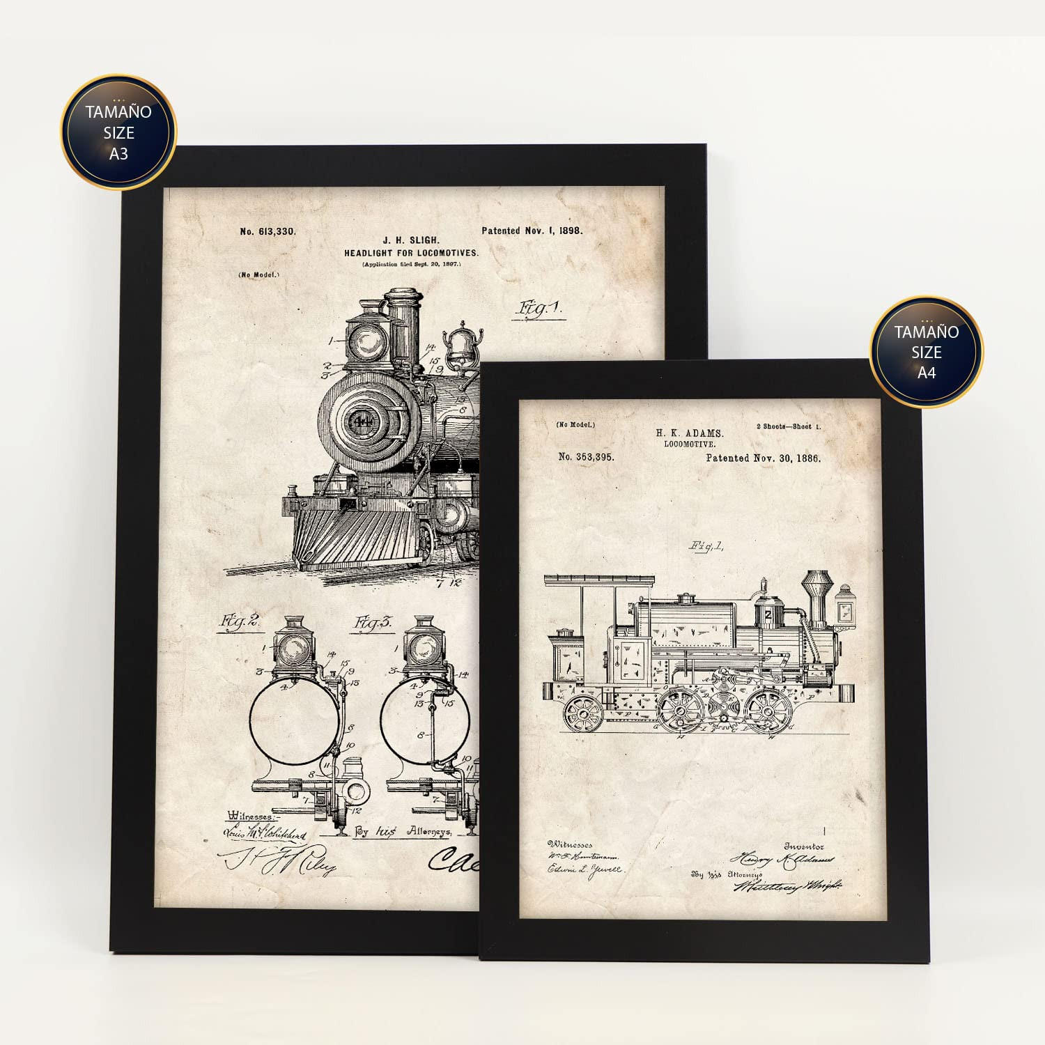 POSTER Set Mit 6 Plakaten Mit Zug Patenten Im Vintage Stil A3 & A4 Schwarzer Rahmen - Schwarz, Papier (29/3cm) - Nacnic