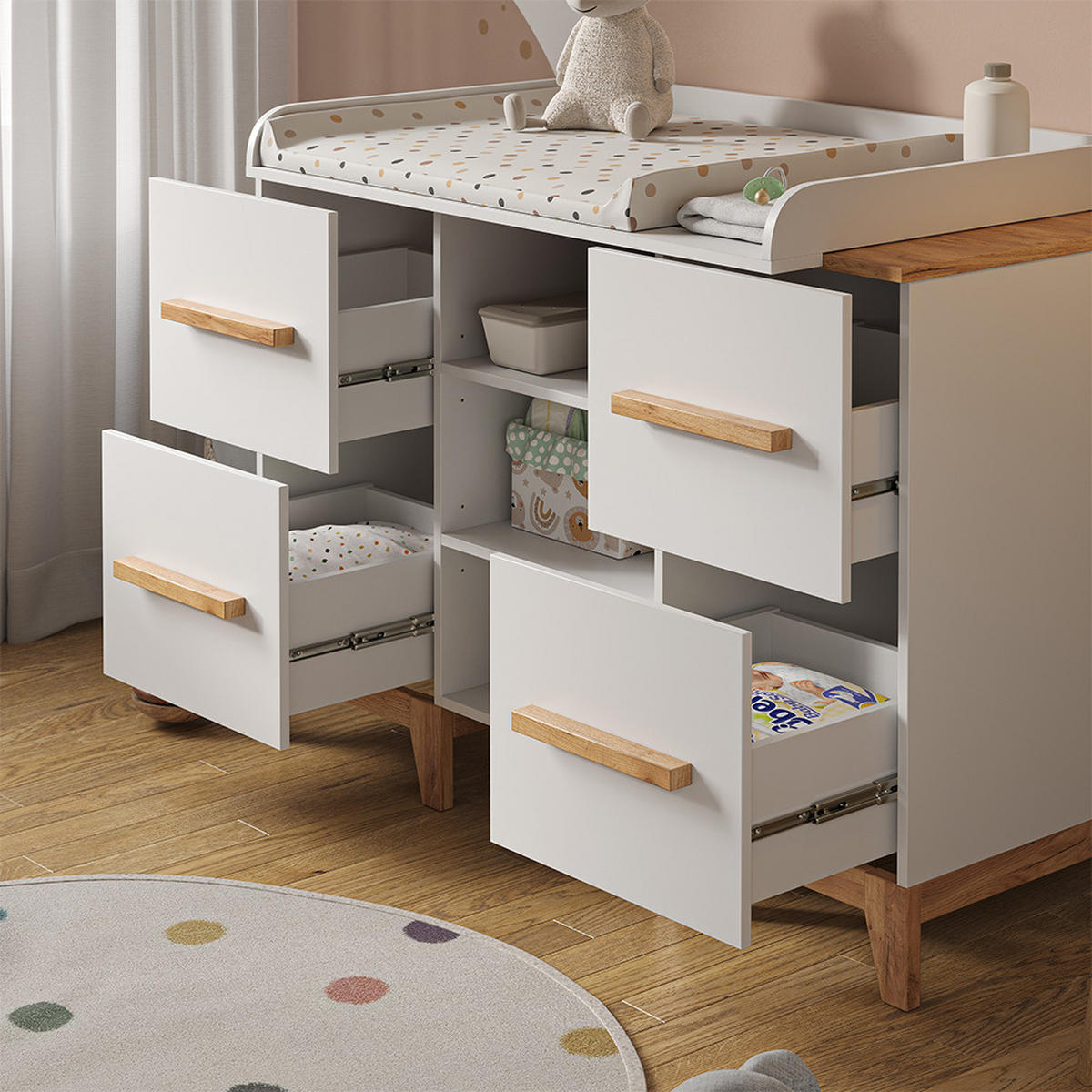 WICKELKOMMODE Malia Weiß/Artisan 133 x 98 cm XL mit 4 Schubladen - Hellgrau/Weiß, Holzwerkstoff (133/98/70cm) - VitaliSpa