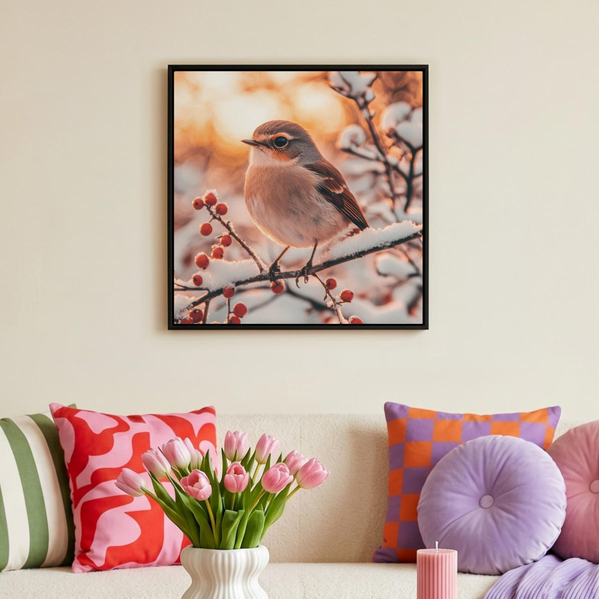 LEINWAND Bilder mit Rahmen - Vogel - Zweig - Winter - Tiere - Schnee - 50x50 - Bernsteinfarben, Textil (50/50cm) - MuchoWow