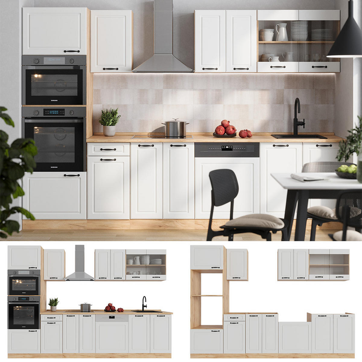KÜCHENZEILE R-Line Weiß Landhaus/Goldkraft Eiche 300 cm mit Hochschrank, ohne Arbeitsplatte - Honigeiche/Weiß, Holzwerkstoff (300/81.6/46cm) - Vicco