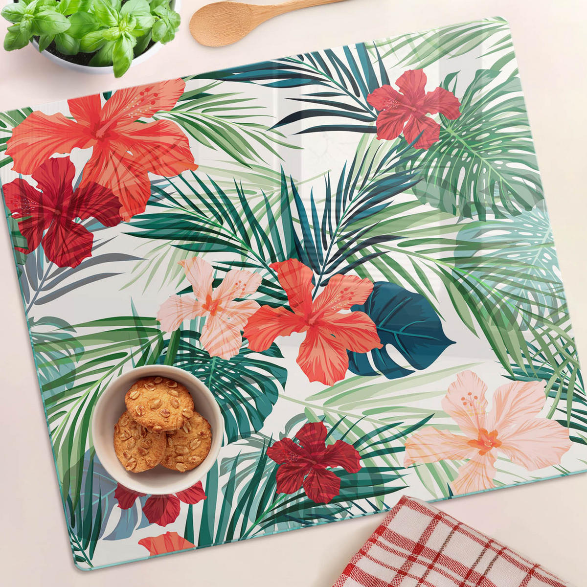 GLASPLATTE 60x52 cm Tropische Blumen - Multicolor, Glas (60/0.4/52cm) - TULUP