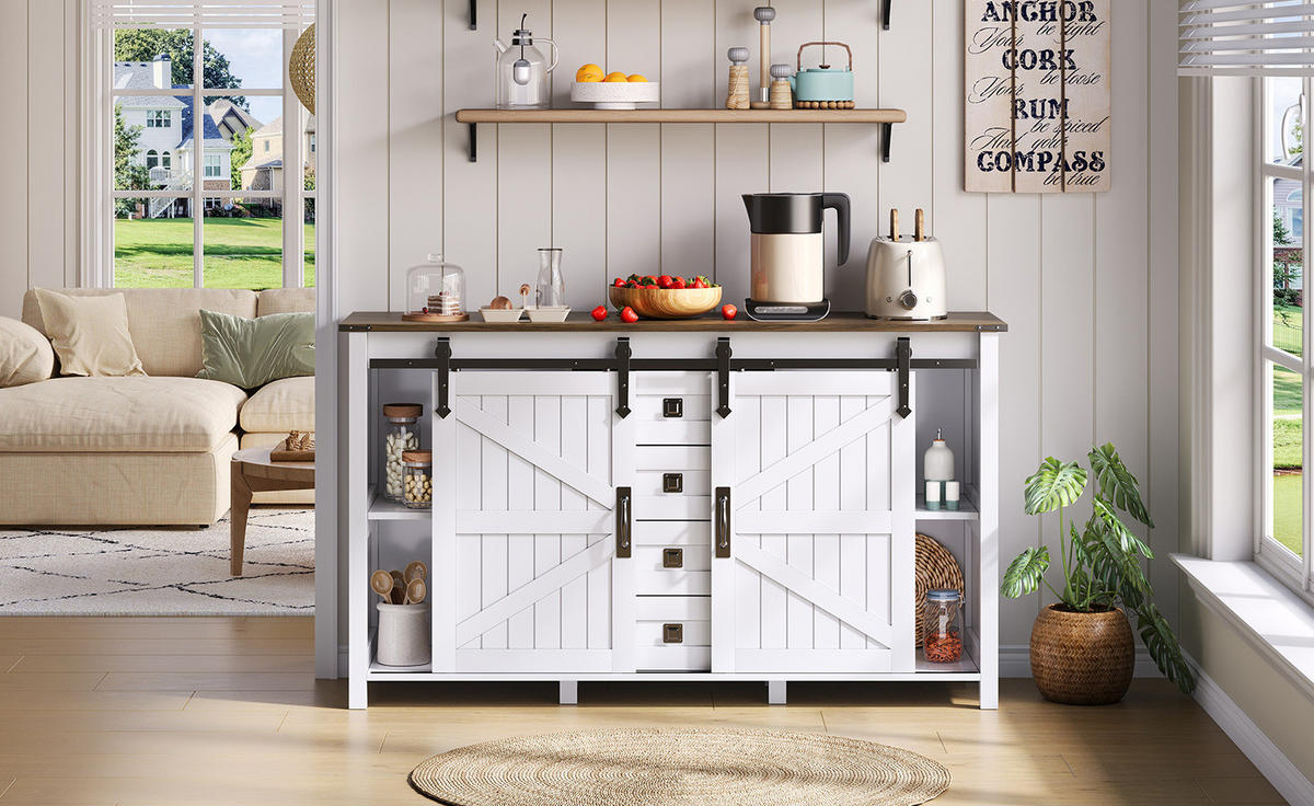 SIDEBOARD im modernen Landhausstil mit 2 Schiebetüren und 4 Schubladen, MDF, 137/40/81,5 cm, Weiß - Weiß, Holzwerkstoff (137/81.5/40cm) - Redom