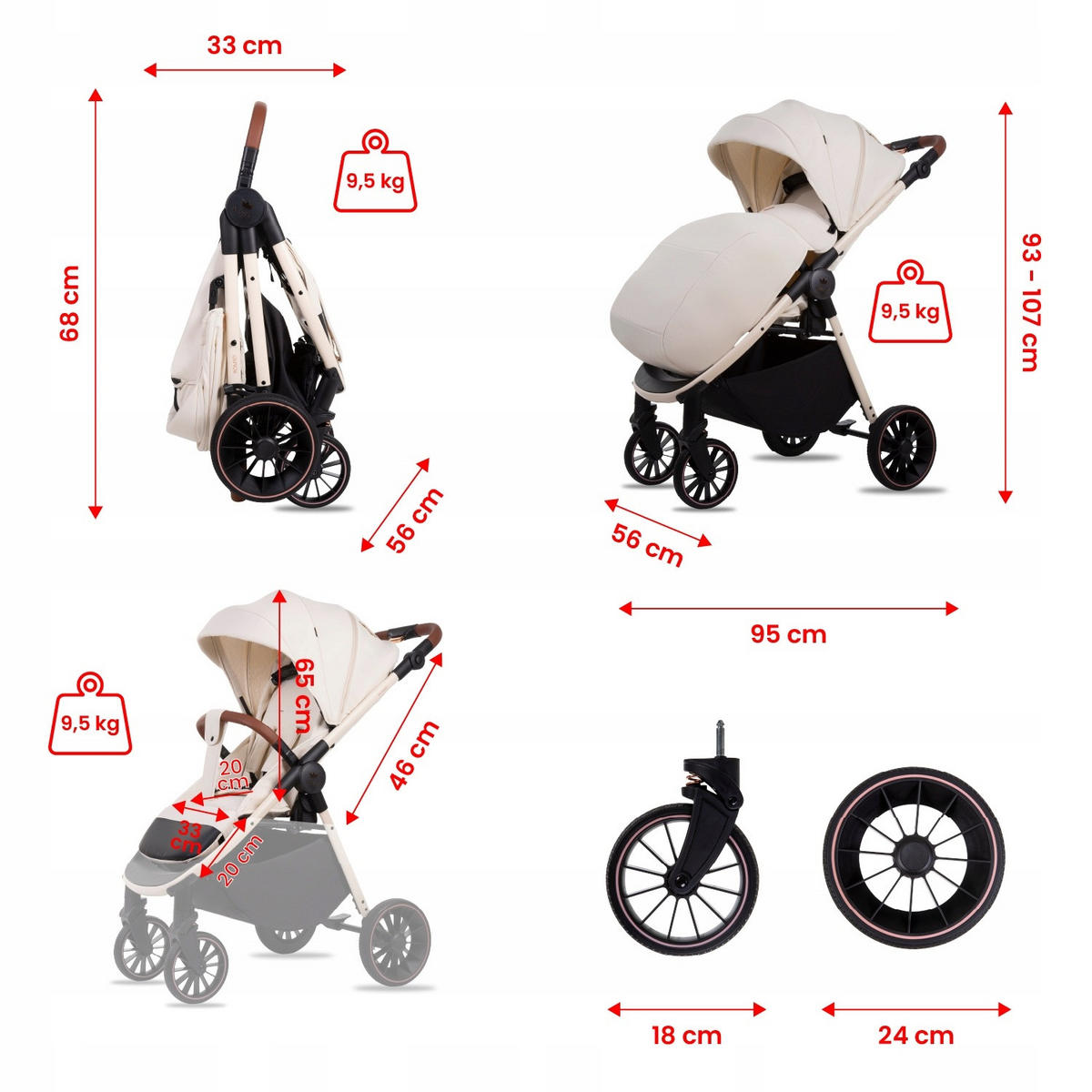 BUGGY Rombo, Klein und Leicht, Teleskopische Führung, Kompakt Faltbar, Wickeltasche, Reisetasche - Schwarz/Weiß, Textil/Metall (58/98cm) - BabyLux
