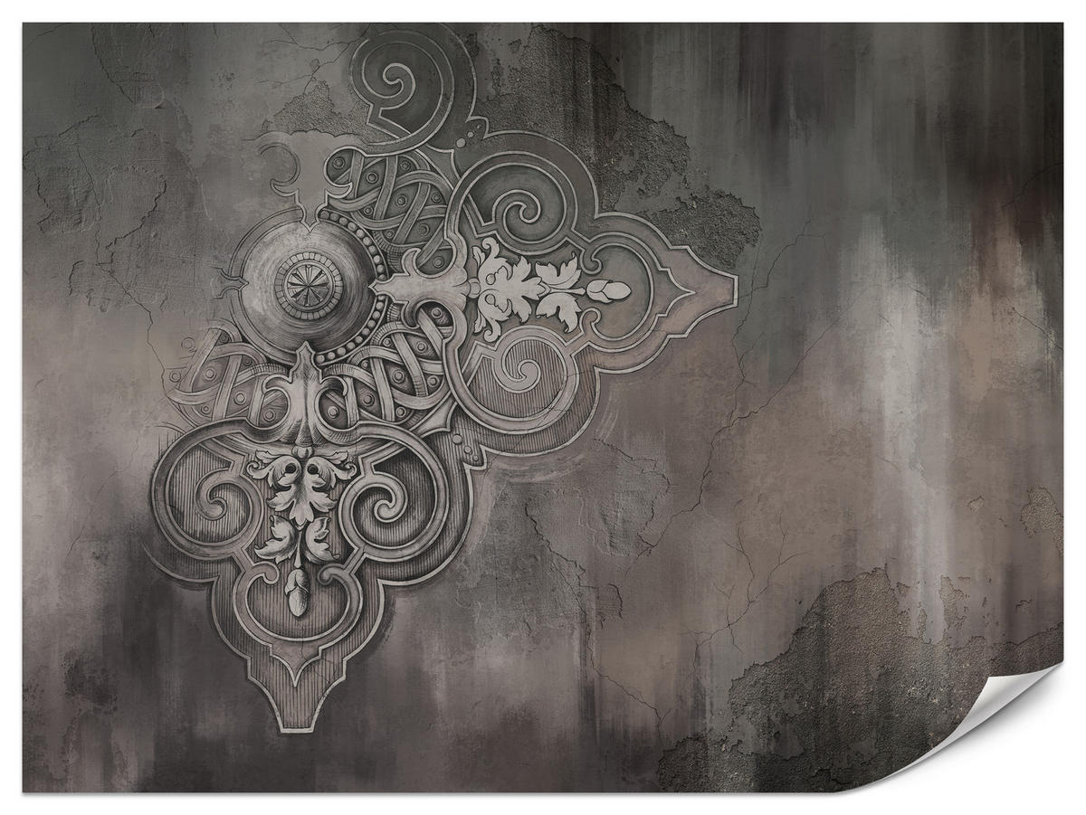 FOTOTAPETE für Wohnzimmer Retro Ornament Betonwand 250x175 - Schwarz/Braun, Papier (250/175cm) - Muralo