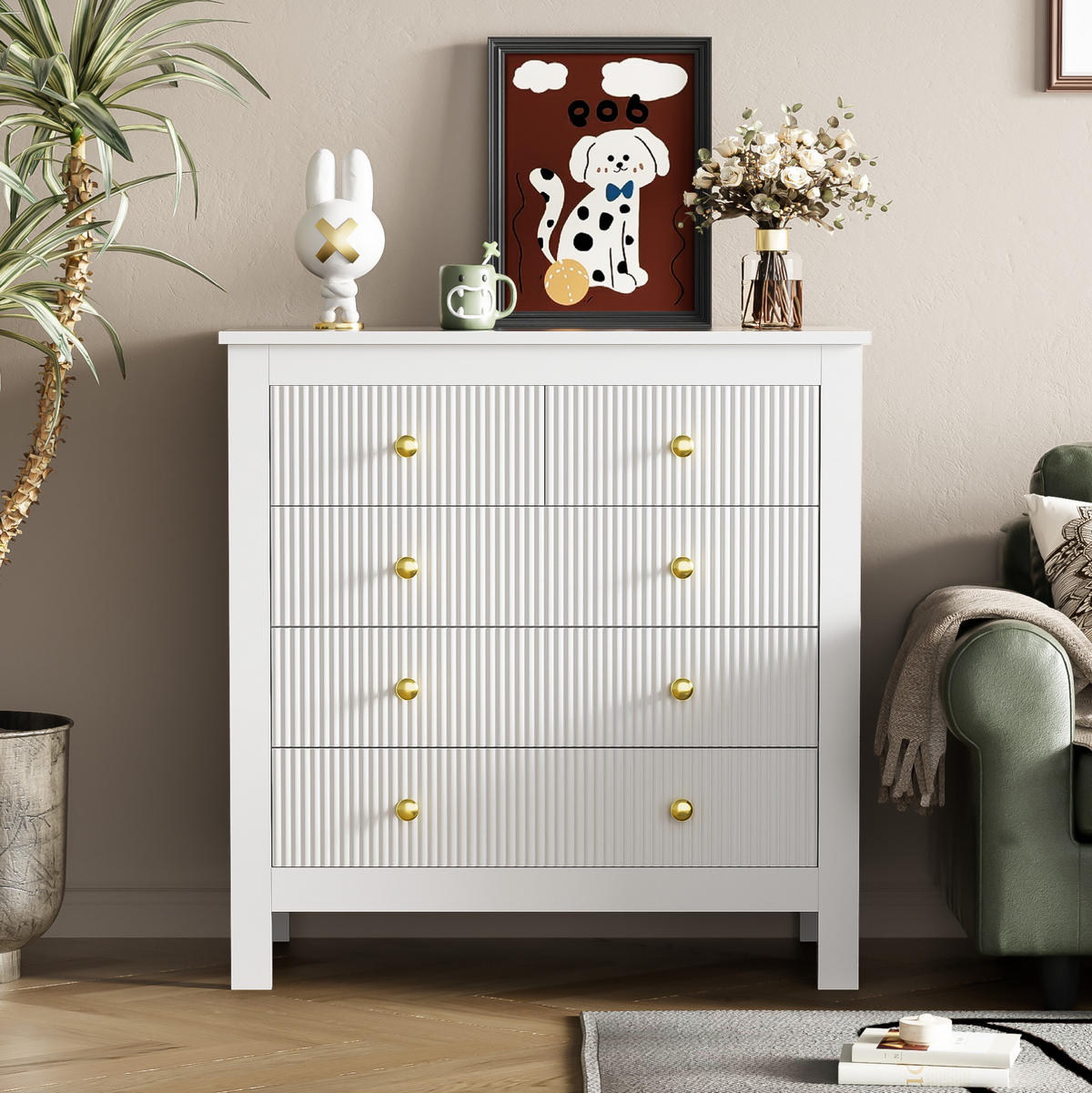 SIDEBOARD mit 5 Schubladen 80,5/39,5/79 cm in Weiß mit goldfarbenen Griffen - Weiß, Holzwerkstoff (79/80.5/39.5cm) - BEAOK